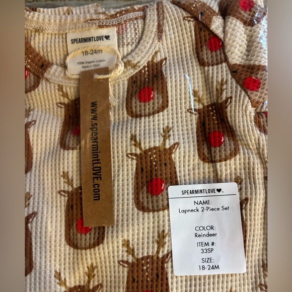 NEW SPEARMINT LOVE Reindeer Two Piece Organic Cotton Waffle Set, Size 18-24m - Picture 6 of 7